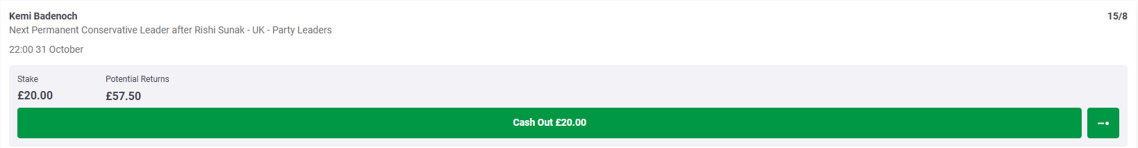 A screenshot of an online bet of £20 placed on Kemi Badenoch winning the Conservative leadership election, with odds of 15/8 & a potential payout of £57.50